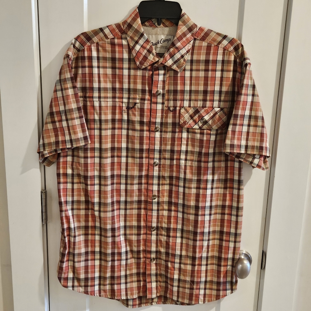 Duck Camp Short-Sleeve Nylon Fishing Shirt - Orange Red Plaid - Size Large